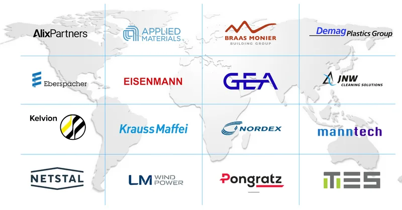 Selected BSN client references including GEA, Applied Materials, KraussMaffei, Nordex and other industrial companies